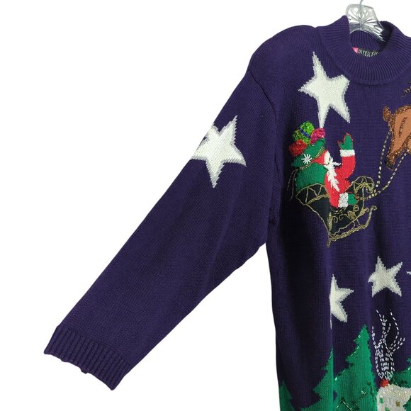 Vintage IB Diffusion Sport Christmas Purple Sweater L Santa Claus Beaded 90s - Picture 3 of 16